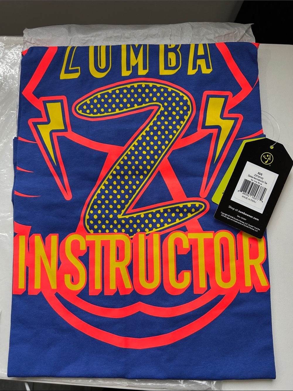 Zumba Fitness Royal Blue Tee with Neon Yellow and Neon Orange Graphic